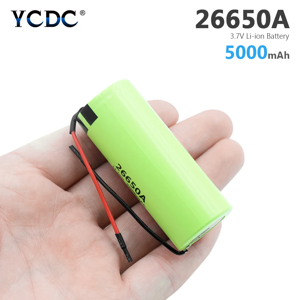 

26650 rechargeable battery 26650A lithium battery 3.7V 5000mA High Drain 10A 26650A Li-ion Cells for flashlight Torch With Wires