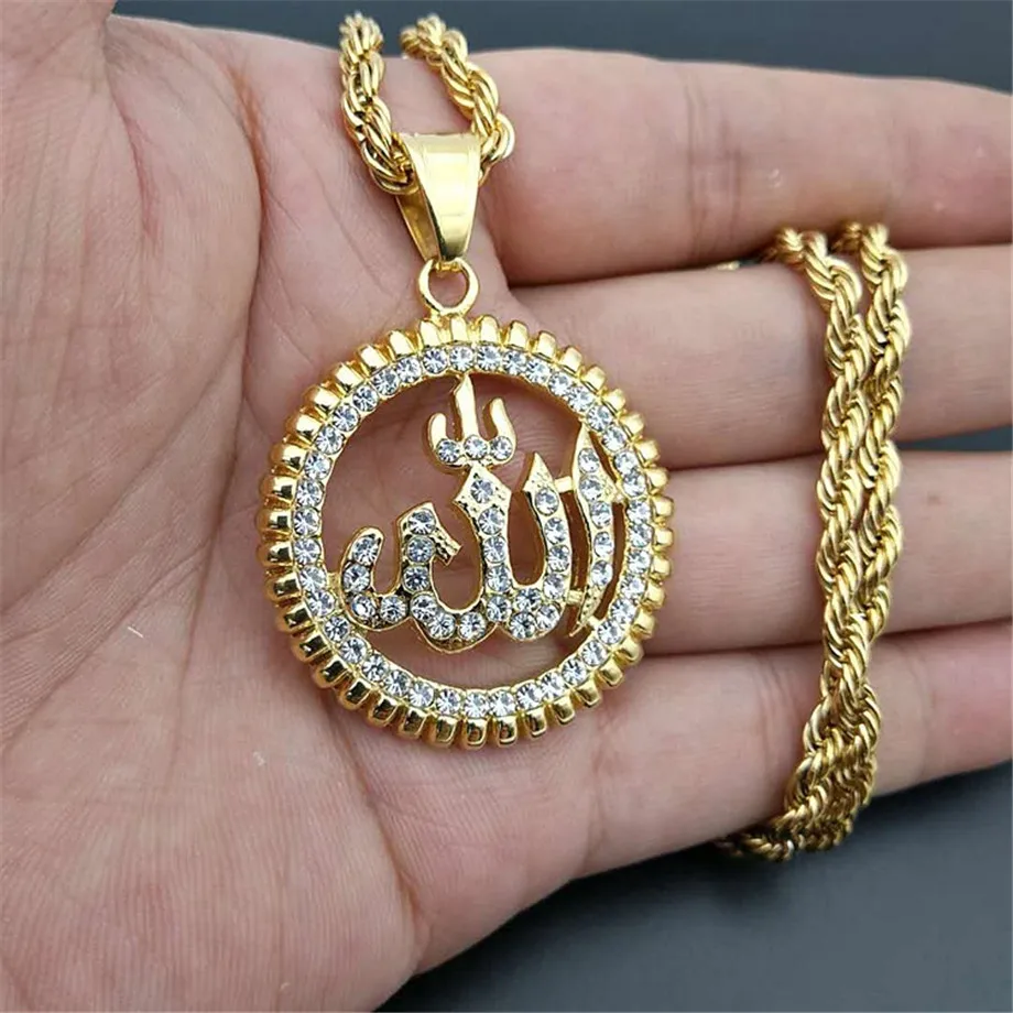 Религиозное круглое ожерелье с подвеской в виде Аллы золотистого цвета, стразы из нержавеющей стали, ожерелье со льдом, ювелирные изделия в исламском стиле