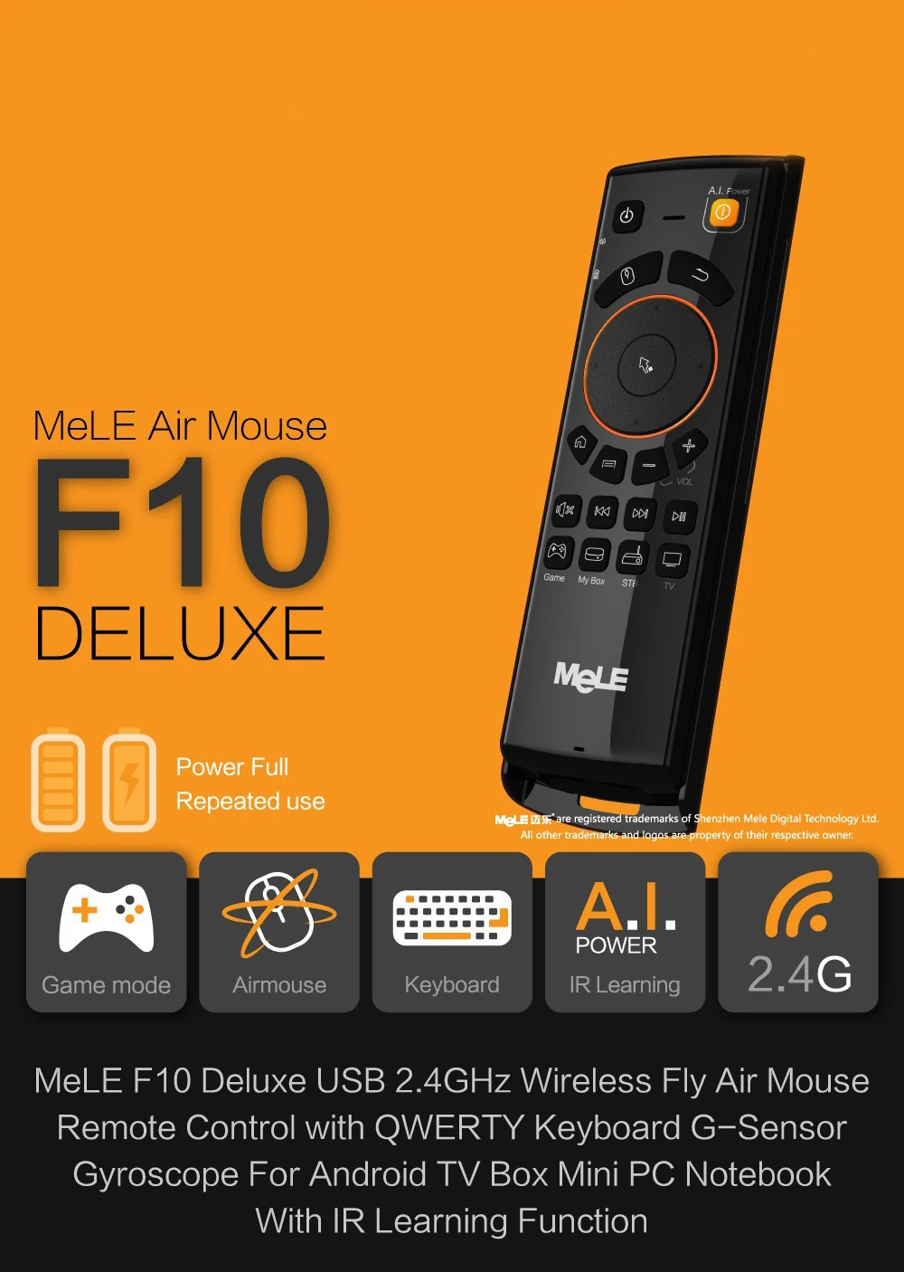 MELE F10 deluxe Fly Air Mouse 6 Ось соматосенсорной 2.4GHz беспроводной пульт дистанционного управления с ИК-функцией обучения мини клавиатура for Smart Android TV тв приставка mini PC