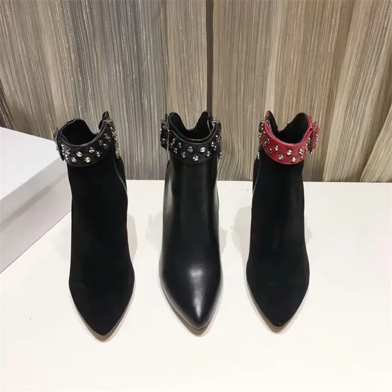 Cortos Dedo Botas Pie Botines Genuino Sexy Señaló Del De suede Invierno Cuero Leather Tacón red Tobillo Gamuza Hebilla Tachonado Remache Otoño qwFngBx5T
