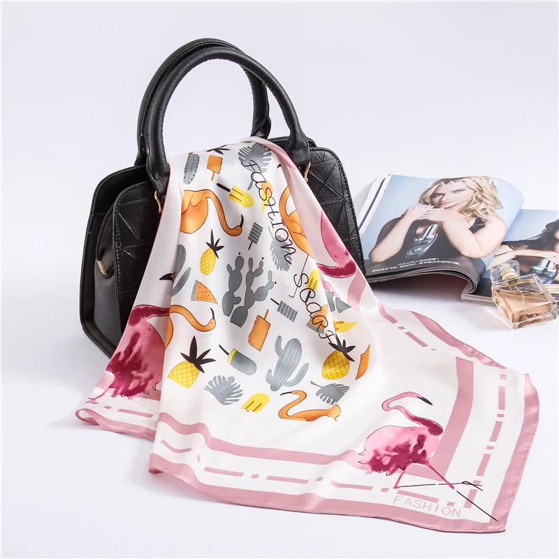 

[Lakysilk]Fashion 2018 Women Scarf Foulard Flamingo Print Bandanna Hijab Scarf Silk Satin Bag Scarves Shawls Large Handkerchief