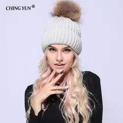 CHINGYUN вязаная шапка для женщин Бренд Высокое качество зимний бал лыжный Кролик Мех животных помпонами шапки зима вязание бини с помпоном