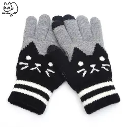 2019 Зимняя мода сенсорный экран перчатки Для женщин девушка милый мультфильм кошка с шерстяной вязаный полный митенки для пальцев для Штаны