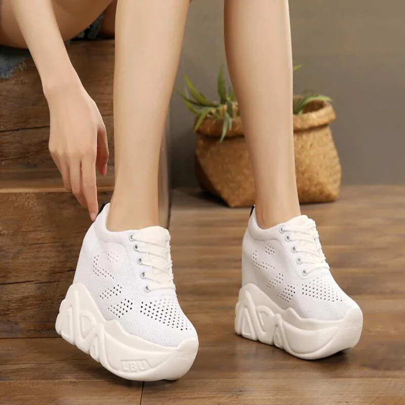 

2018 New Summer Breathable Mesh Sneakers Hidden Increasing Shoes Women Wedge Casual Shoes Slip on High Heels Platform Shoes