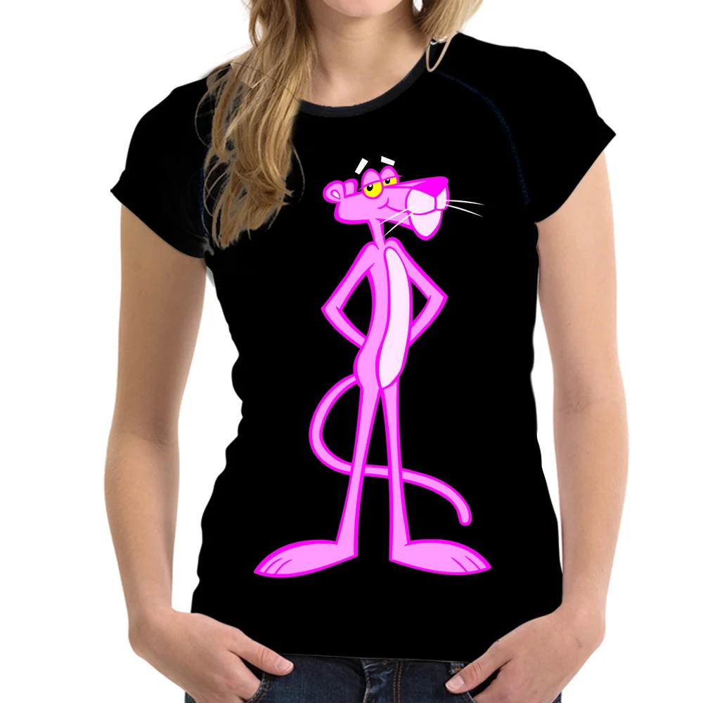 NoisyDesigns in Women T shirt Summer Pink Panther Print Short sleeve O-neck T-Shirt Sac Plage Black Casual Top Tee Shirts Girls Tops