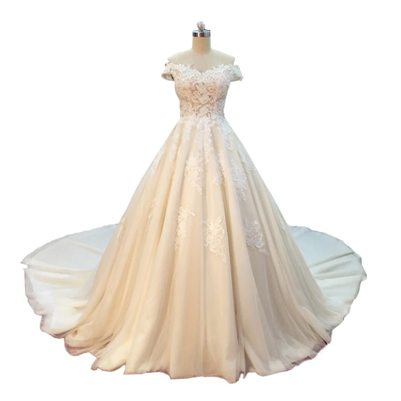Real Sample Sexy Boat Neck High Lace Beige A line Long Train font b Bridal b