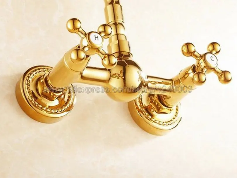 Basin Faucets Gold Brass Wall Mounted Kitchen Bathroom Sink Faucet Dual Handle Swivel Spout Hot Cold Water Mixer Tap Kgf010 Basin Faucets Gold Brass Wall Mounted Kitchen Bathroom Sink Faucet Dual Handle Swivel Spout Hot Cold Water Mixer Tap Kgf010