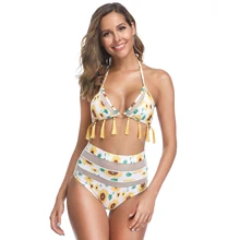 Sexy 2019 Mesh High Waist Triangle Cute Leaf Print Yellow Tassel Swimwear Women Leaf Printed Chest Pad New Bikini Set Wire Free Sexy 2019 Mesh High Waist Triangle Cute Leaf Print Yellow Tassel Swimwear Women Leaf Printed Chest Pad New Bikini Set Wire Free