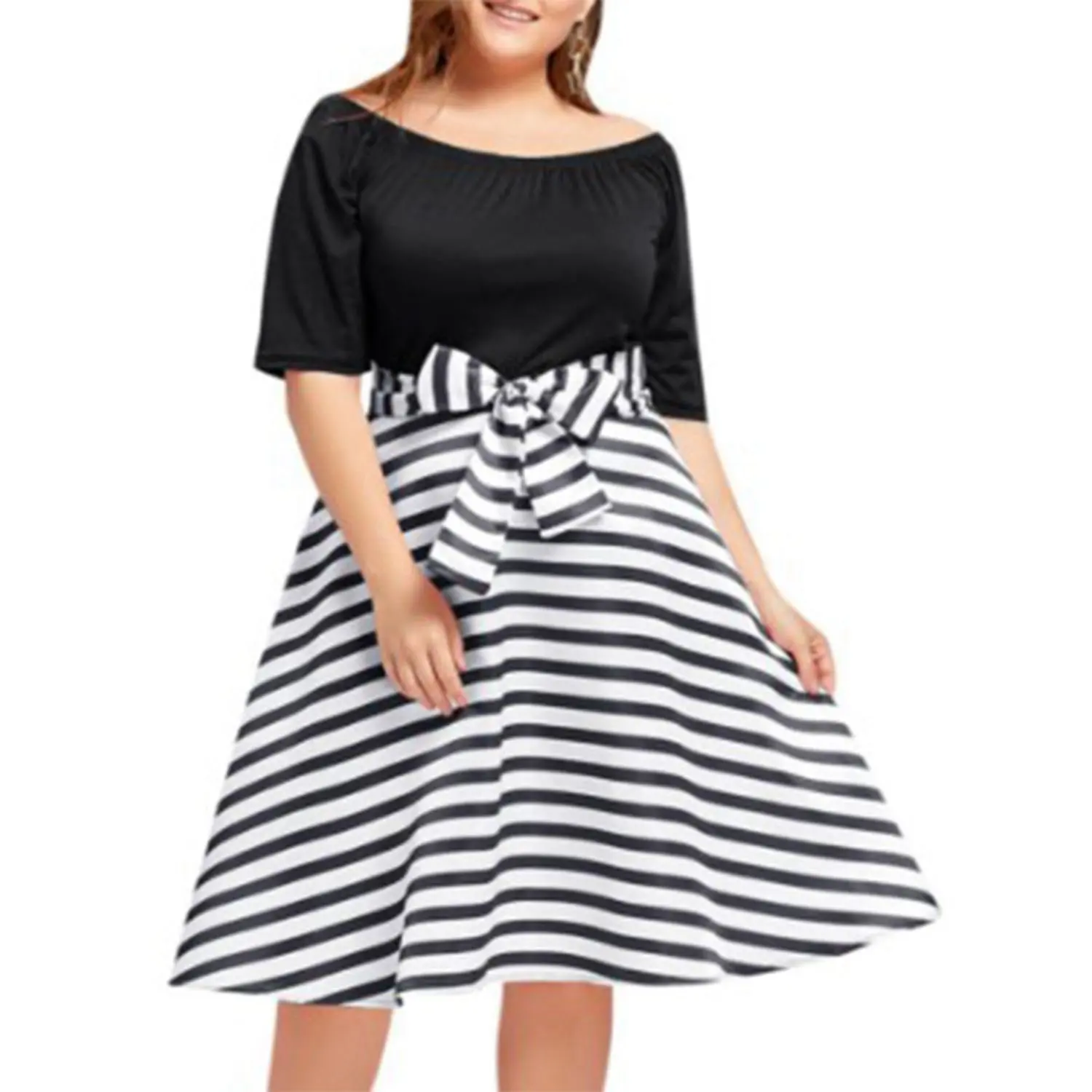 

DCOS Europe and the United States retro women's word collar sleeve stitching stripes dress