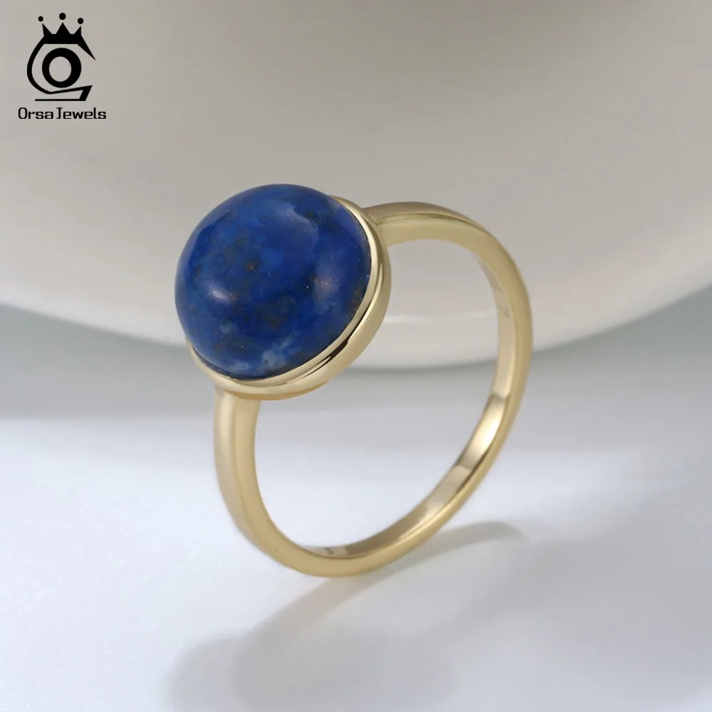 ORSA JEWELS Authentic 925 Sterling Silver Women Rings Simple Design Natural Lapis Lazuli Anniversary Ring Fashion Jewelry SR69-L