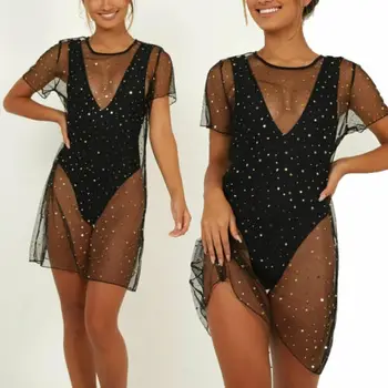 

2019 Women's Swimwear Mesh Squined Mesh Dress Padded Swimsuit Monokini Push Up Bikini Sets Cover Up