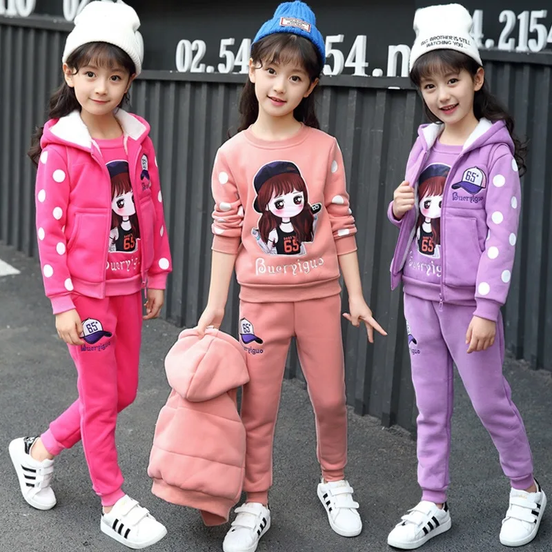 

Girls 4-12 Years Sports 3 PCS Set (Hooded Vest+Tee Shirt+Long Pant) Fashion Dot Cartoon Thick Warm Fleece Spring Autumn Suits