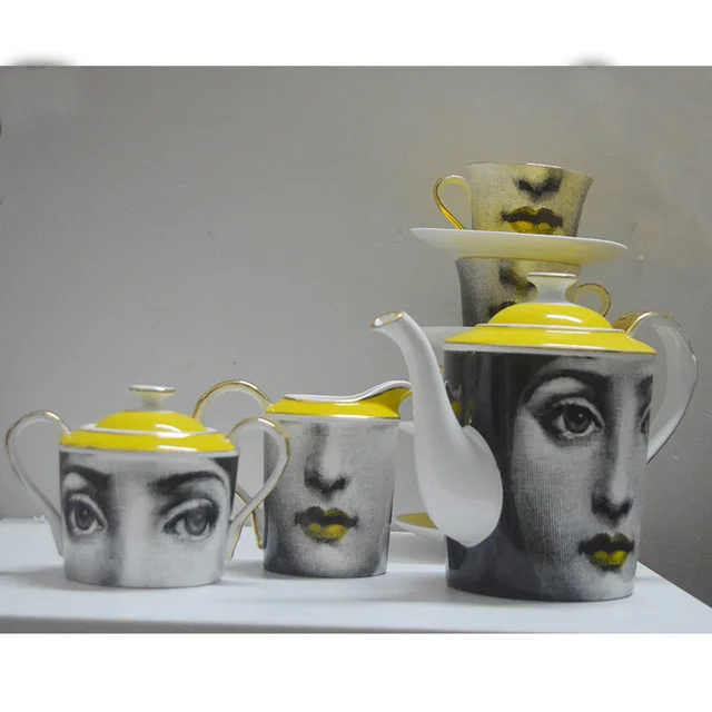 

Retro Fornasetti Ceramic Yellow Coffee Cup European Modern Pop Art Desktop Living Room Kitchen Holder Plate Coffee Cup Tray