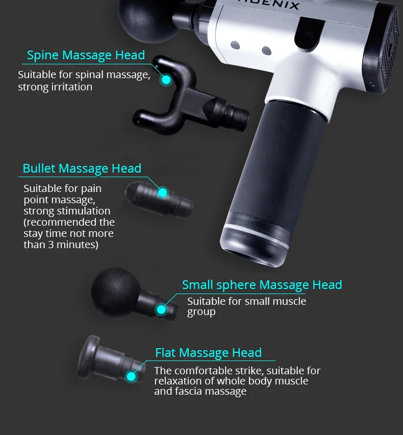 Феникс массажный пистолет Профессиональный вибрирующий массажер Электрический Уход за здоровьем тела мышцы боли Терапия низкий уровень шума с 4 головками