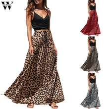 Женская юбка, новинка, летняя, богемная, леопардовая расцветка, длинная, на завязках, плиссированная, с высокой талией, макси юбка, для вечеринки, мода, A16