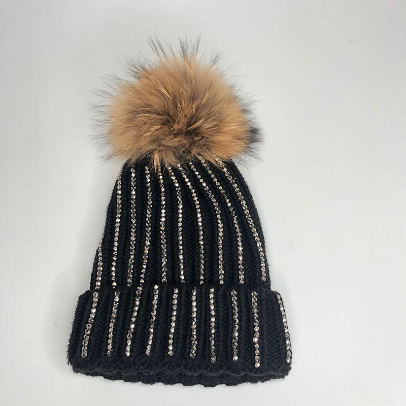 Зимняя женская шапка, стразы, Skullies Beanies, для женщин, флисовая подкладка, теплые вязаные шапки, женские шапки с натуральным мехом, шапка с помпоном