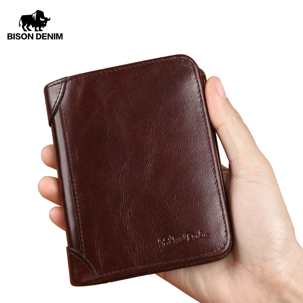 

BISON DENIM Famous Brand Retro Vintage Genuine Leather Wallet Male RFID Men Wallets Card Holder Zipper Small Wallet W4361