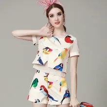 2016 Summer Hot 2 Piece Set Women Tops Fashion Fresh bird printed short-sleeved T-shirt + Shorts Set