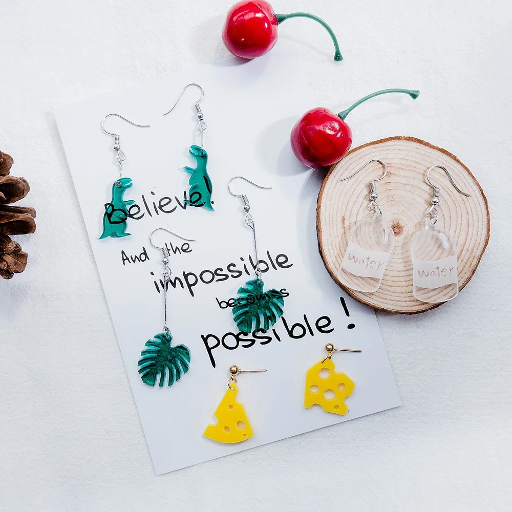 

Fashion cute acrylic cartoon dinosaur drop earring long leaf chams food cheese water earrings for children kids women jewelry