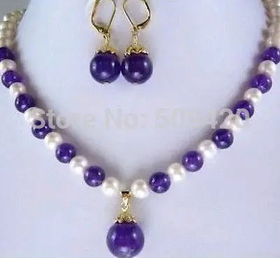 

Free Shipping Wholesale>>>>>>Pretty!7-8MM White Pearl and Amethyst Necklace Earring. GH3135 set #@