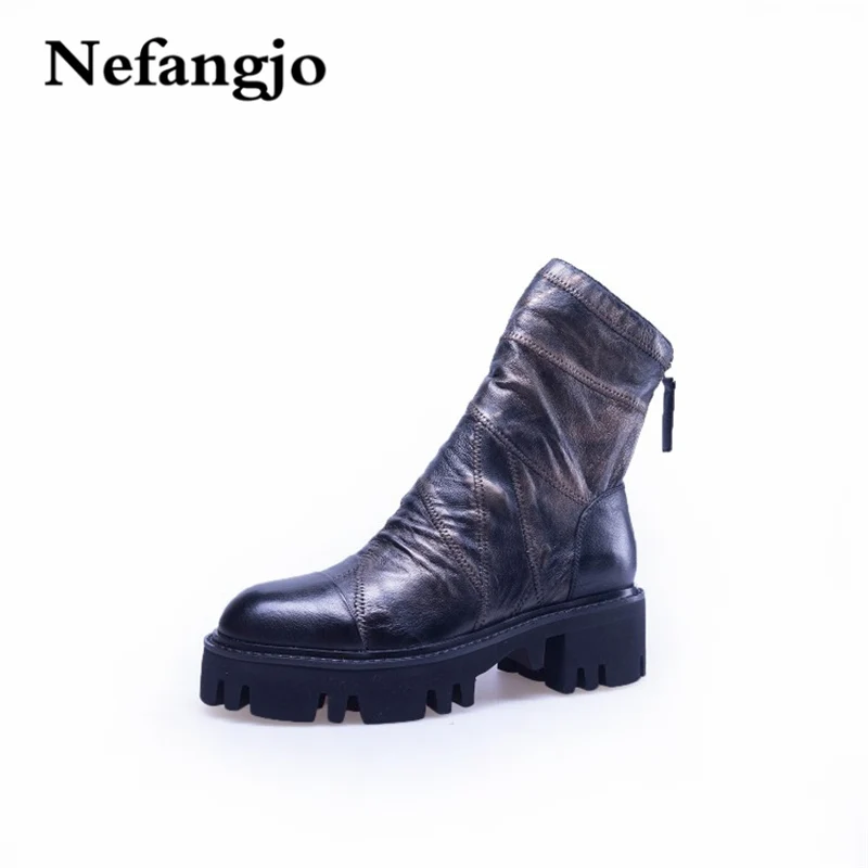 

Nefangjo 2018 Fall/Winter Ankle Boots Women Round Toe Zip Genuine Leather Boots Square Heel Fashion Boots Leisure Women Shoes