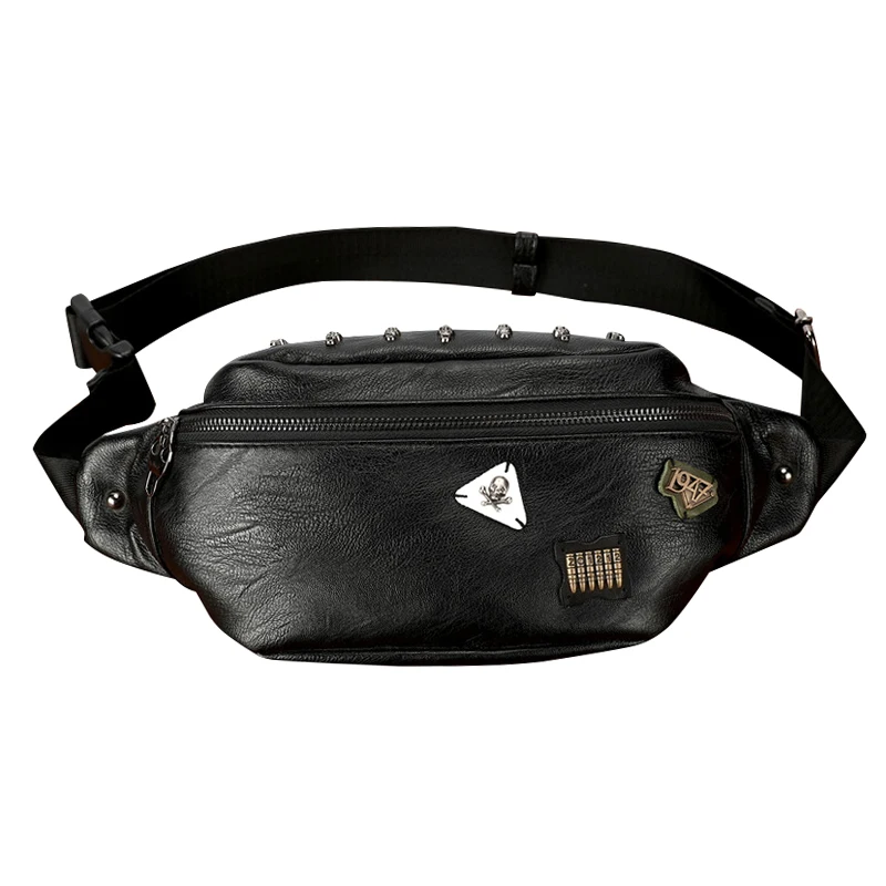 

Tide Skull Rivet Badge Waist Bag Men PU Leather Casual Travel Belt Bag Black Male Waist Bags Fanny Pack Phone Pocket Carteira