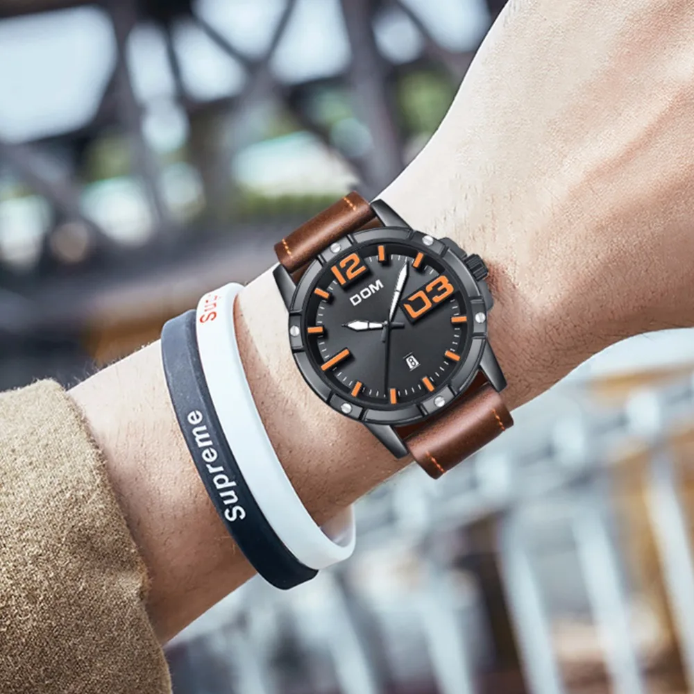 DOM новые часы мужские с большим циферблатом стильные спортивные кварцевые часы водонепроницаемые кожаные мужские часы Роскошные Брендовые мужские часы M-1218