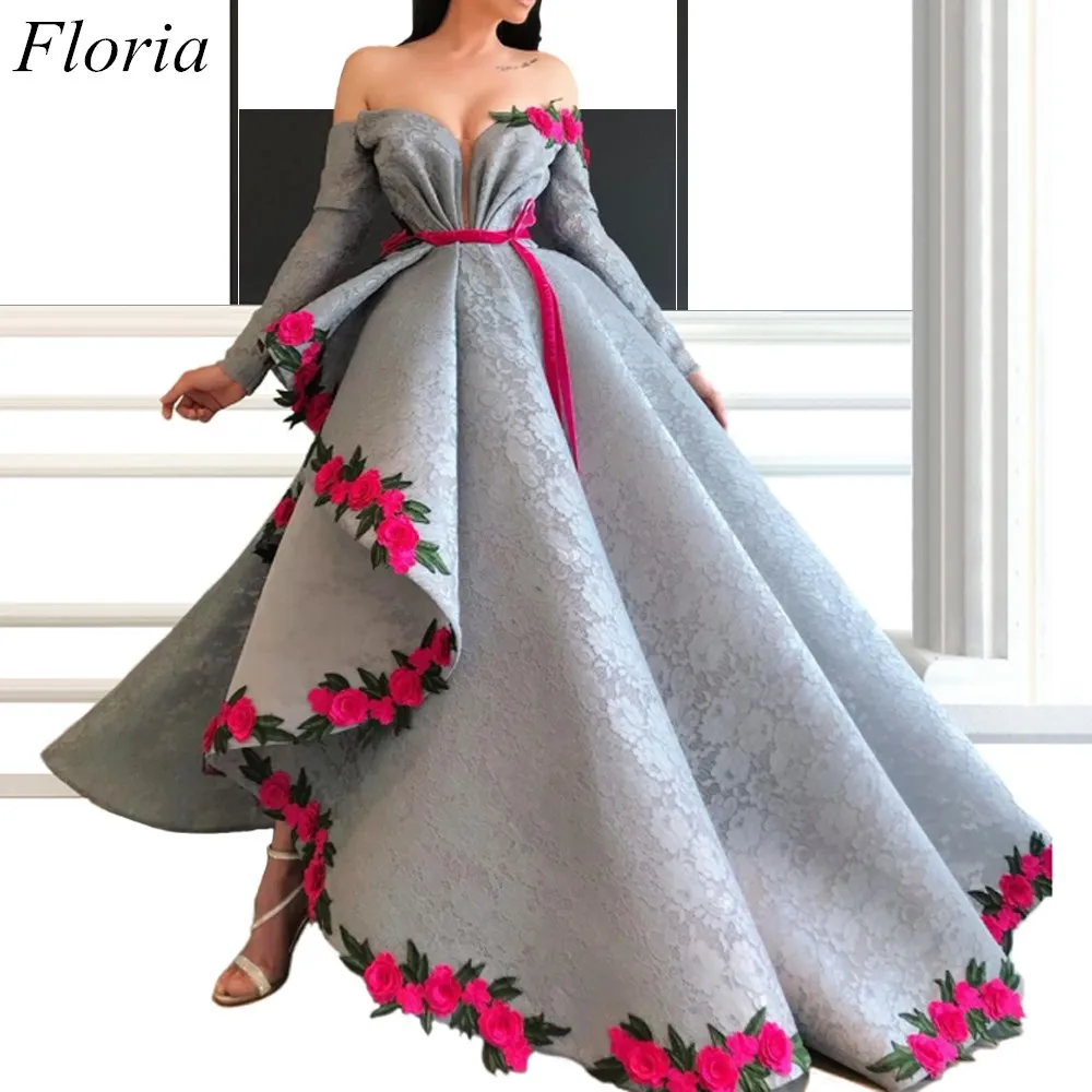 Новое Элегантное серое кружевное формальное платье знаменитостей с длинными рукавами с открытыми плечами асимметричные вечерние платья с цветами