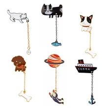 Dessin animé chat poisson caniche bouledogue os planète astronaute lapin Steamship ancre en pot plante broche broche avec chaîne chemise épingle Badge