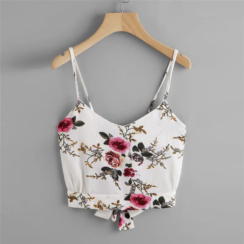 

T-Shirt High Quality Girl Self Tie Back V Neck Floral Print Crop Cami Camisole T-Shirt Summer To Tops For Women A#10