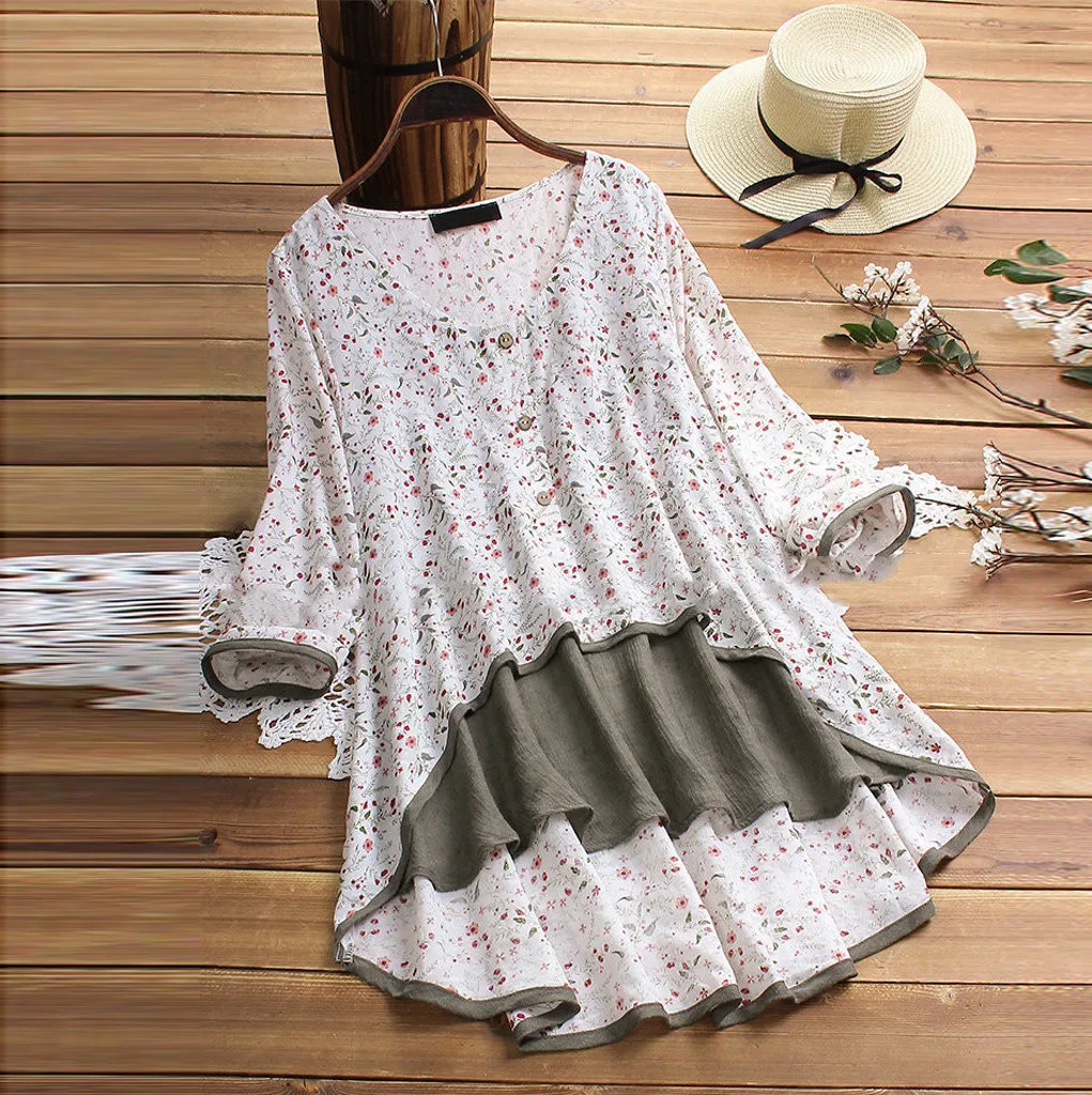 

Floral Print tshirt women Casual Irregular Patchwork Long Sleeve T-Shirt Top beach Shir tMid-length summer t shirt women #G40