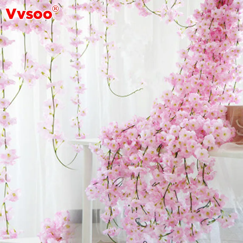 

Vvsoo 200cm Sakura Cherry Rattan Wedding Arch decor Vine Artificial flower Home party decor Silk Ivy wall Hanging Garland Wreath