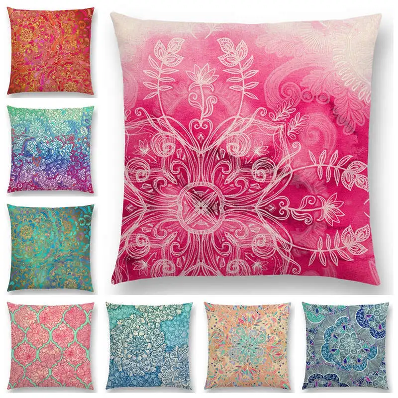 

Hot Sale Beautiful Leaf Flower Gorgeous Floral Doodle Colourful Decorative Pattern Mandalas Cushion Cover Sofa Throw Pillow Case