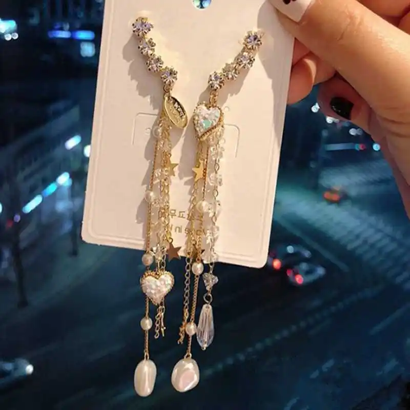 

Korea Fantasy Rhinestone Love Fringe Earrings Gorgeous Long Earrings 925 Silver