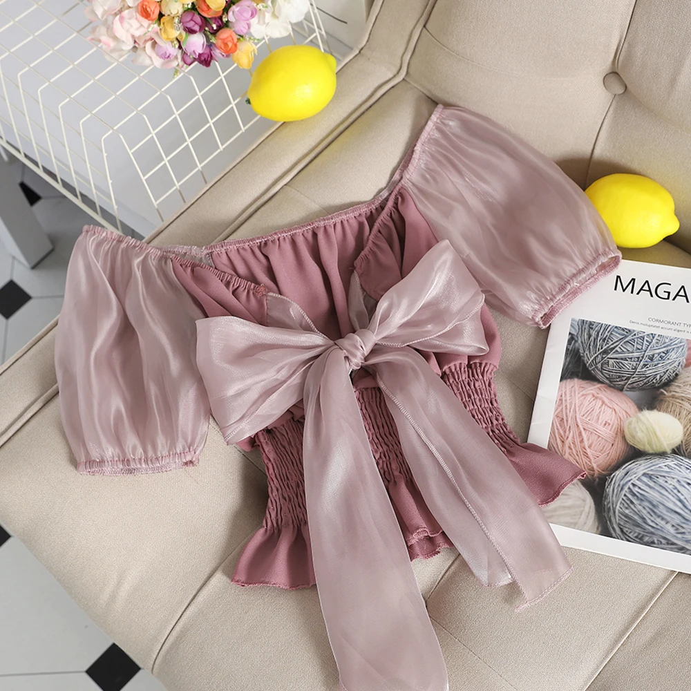 

Summer Women Slash Neck Puff Sleeve Bandage Strap Ruffles Chiffon Bow Shirt Lady Short Elastic Slim Mesh Gauze Chic Blouse Tops