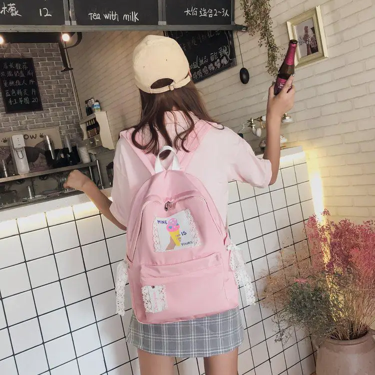 Японская женская сумка на плечо с кружевным бантом, милая Индивидуальная сумка с фруктовым мороженым, рюкзак для девочек, одноцветная Студенческая сумка - Цвет: Розовый