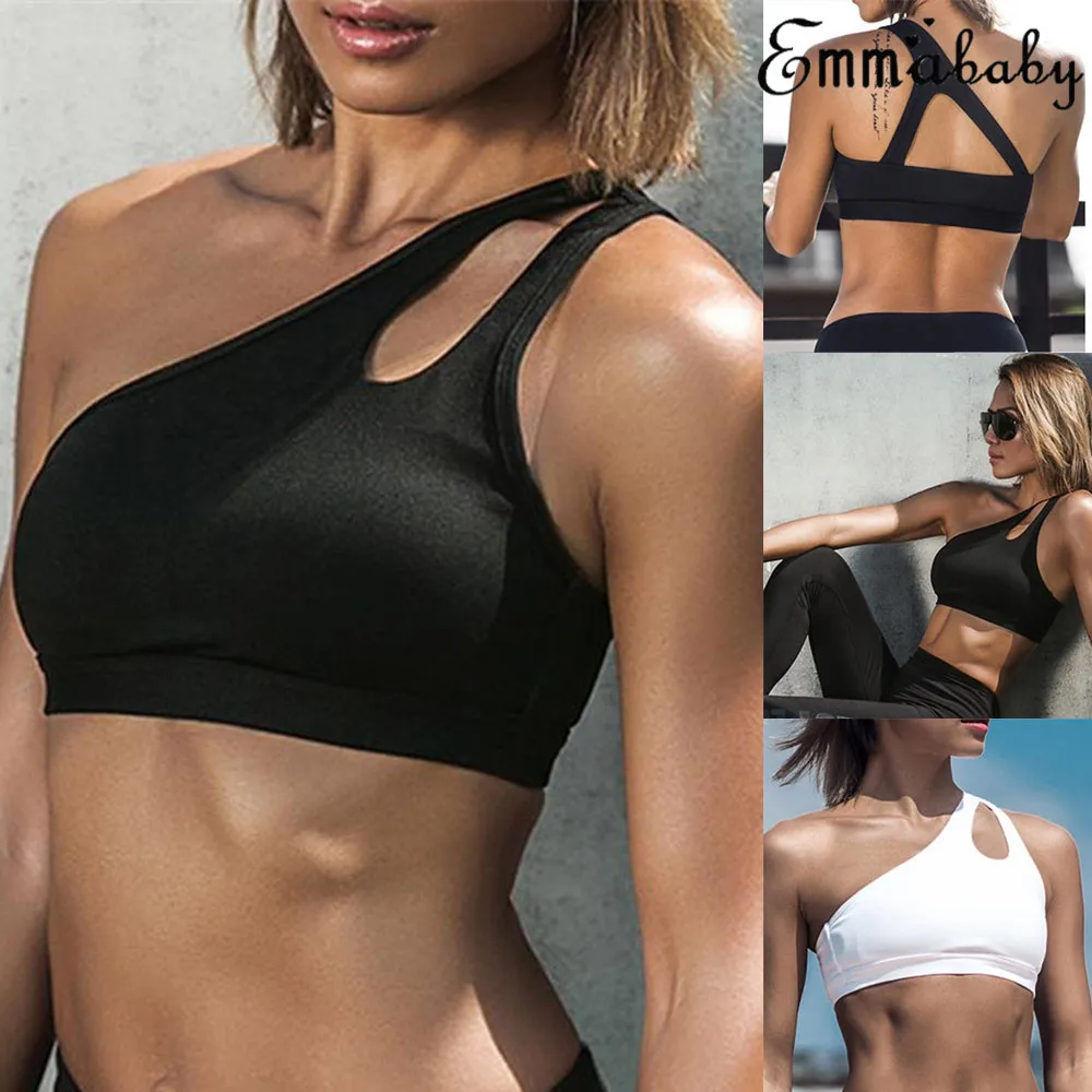 Hot Sale Women Black Sports Bra Female Fitness One Hollow Shoulder Tank Top Jogging Stretch Top Ladies Solid Skinny Top