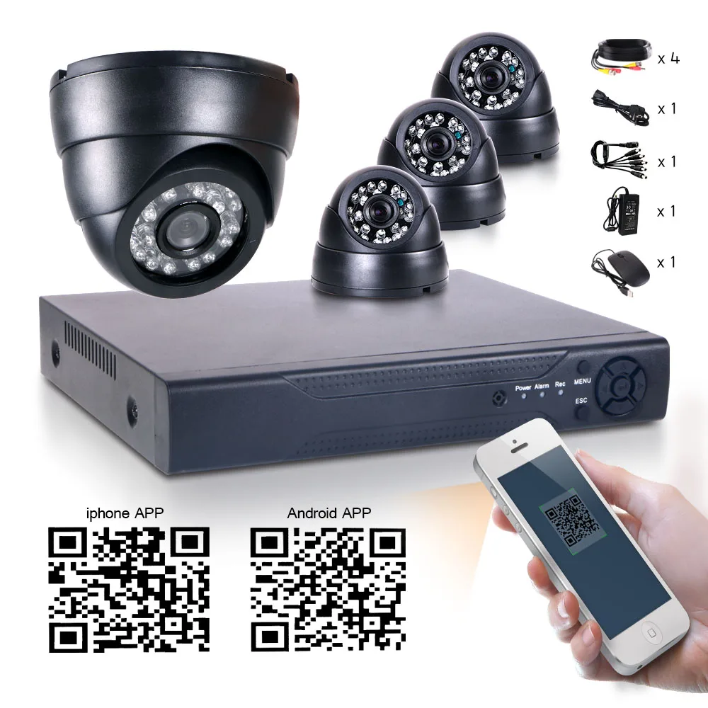 4CH H.264 Безопасности DVR NVR HD Широкоугольный CMOS 700TVL 24IR 3.6 мм высокого разрешения