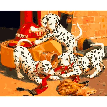 

Painting By Numbers DIY Dropshipping 40x50 50x65cm Three play spotted puppies Animal Canvas Wedding Decoration Art picture Gift