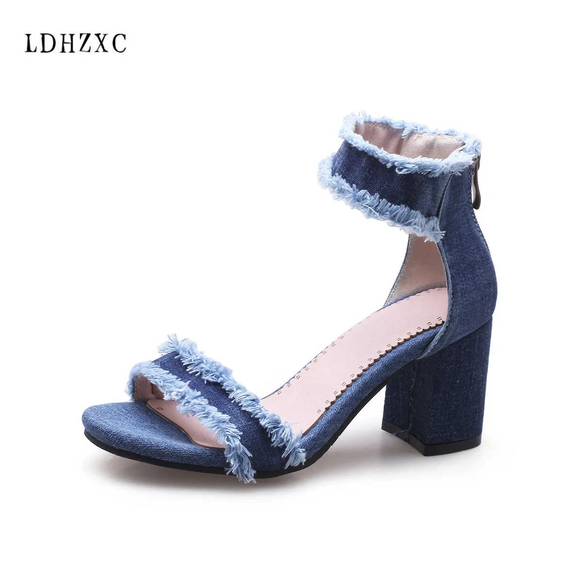 

LDHZXC Women Sandals Summer Open Toe Women's Sandals square Heel 7CM Women Shoes Blue Shoes