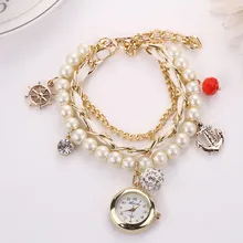 Hot sale Crystal Rhinestone Stainless Steel Band Bracelet Bangle Round Peal Dial Gold Lady Women Quartz Wristwatch Watch