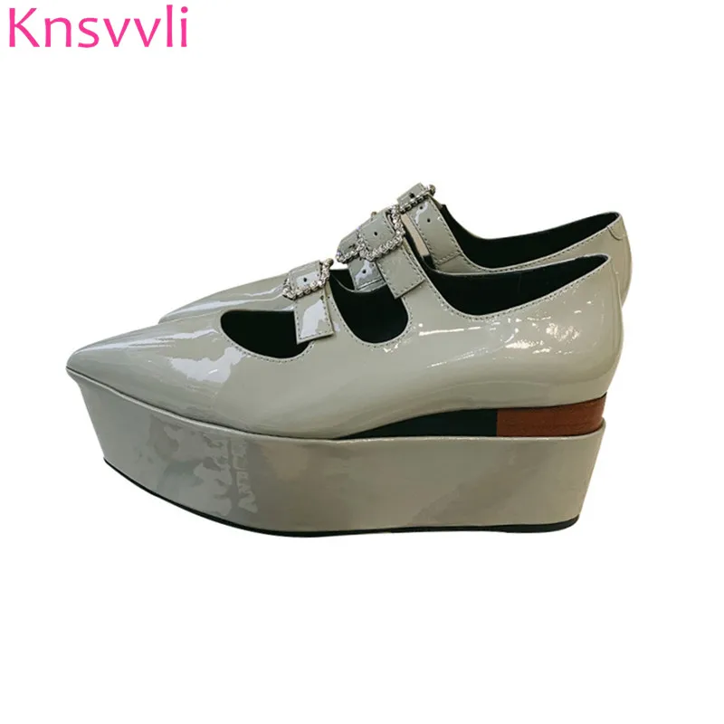 

Knsvvli New Light Green Patent leather platform shoes Women Pointed Crystal Square Buckle Wedge High Heels Casual Shoes Ladies