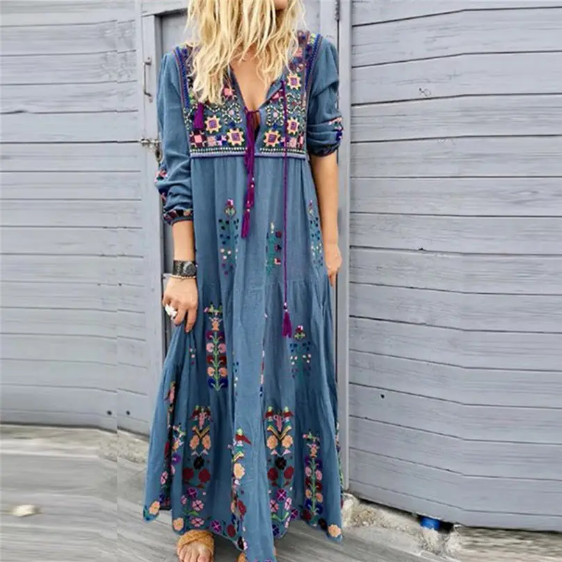 

New Fashion Women Plus Size Long Dress 2019 Sexy V Neck Print Lace Up Long Sleeve Boho Dresses Party Maxi Dress Vestidos 3Y22