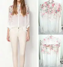 2015 Hot Sell New Fashion Women Chiffon Blouses Women Flower Print Lapel Casual Chiffon Long Sleeved Shirts Women Tops