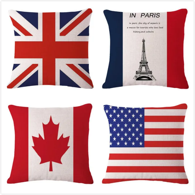 Flag pillow cover, union jack French flag Stars and Stripes Canadian