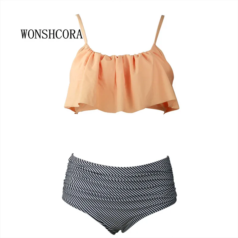

WONSHCORA High Waist Push Up Swimwear Striped Thong Bikini Women Summer 2018 New Hot Female Bikinis Beach Biquini Retro Swimsuit
