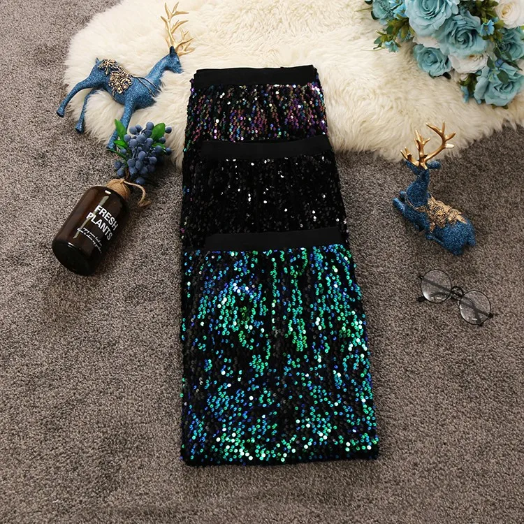 HISUMA 2021 autumn winter new women's chic sequines shiny package hip skirts female high waist vintage bling pencil skirt white tennis skirt