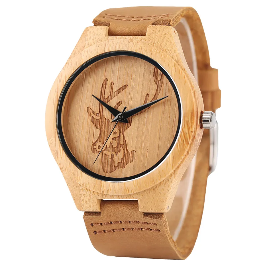 

Minimalist Bamboo Deer Head Quartz Watch for Men Genuine Leather Band Fashion Creative Watches Nature Wood Women Christmas Gift
