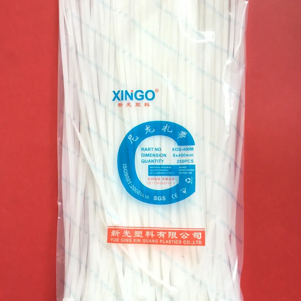 

250Pcs/pack 8*400mm High Quality width 5.2mm White Color Factory Standard Self-locking Plastic Nylon Cable Ties,Wire Zip Tie