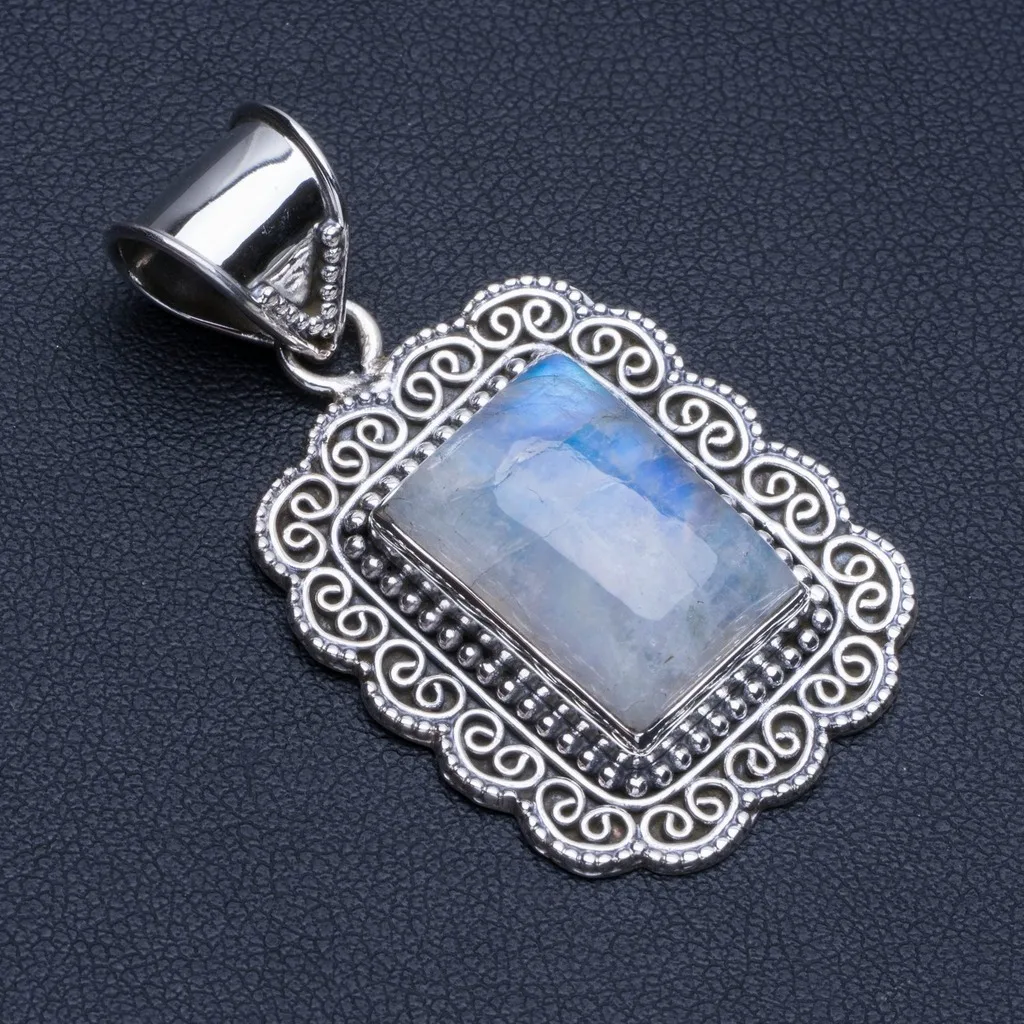 

Natural Rainbow Moonstone Boho Style 925 Sterling Silver Pendant 1 3/4" R0630